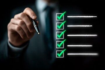 Business professional checking off a completed task list with vibrant green check marks.