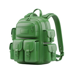 Fototapeta premium Green Backpack on Transparent Background Detailed 3D Render shows numerous compartments and straps for carrying belongings with a polished surface