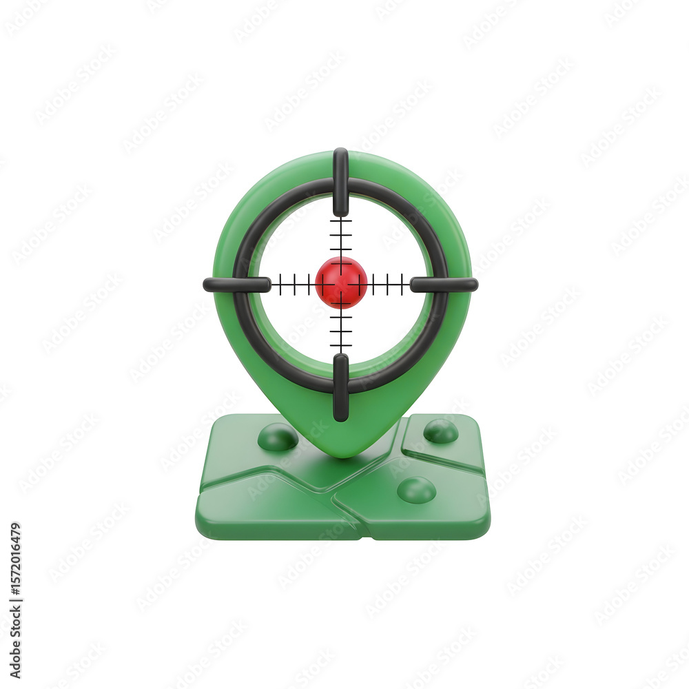 Fototapete 3d rendered illustration of a green location pin with a red target circle and a black transparent ba
