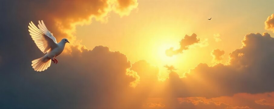 A single, glowing dove descends towards a peaceful, sunlit landscape, symbolizing hope, redemption, and divine grace The image evokes feelings of serenity and spiritual awakening , grace, sun
