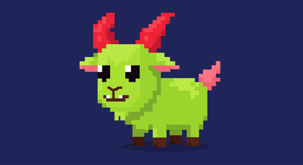 Fototapeta premium A cute pixel art green goat with vibrant red horns and a pink tail stands playfully against a dark blue background, perfect for game design.