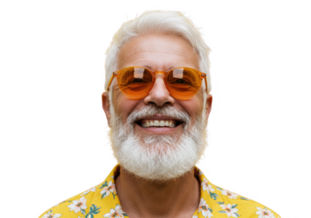 Smiling senior man with white hair and orange sunglasses isolated on transparent background