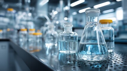 Modern Laboratory with Glassware and Scientific Equipment on Steel Countertop