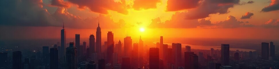 Fototapeta premium A sun rising over a cityscape, skyscrapers gleaming, symbolizing hope and progress for a brighter tomorrow The image evokes optimism and potential for the future , perspective, sunrise, golden