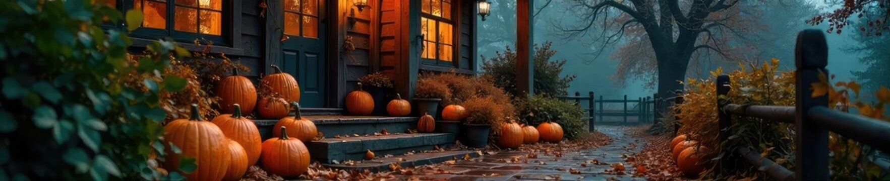A spooky and charming Halloween scene featuring a rustic porch decorated with pumpkins, spiderwebs, and autumn leaves Perfect for fall and Halloween celebrations , rustic, traditional, porch