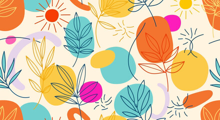 Obraz premium Colorful Abstract Pattern with Leaves, Sunbursts, and Geometric Shapes