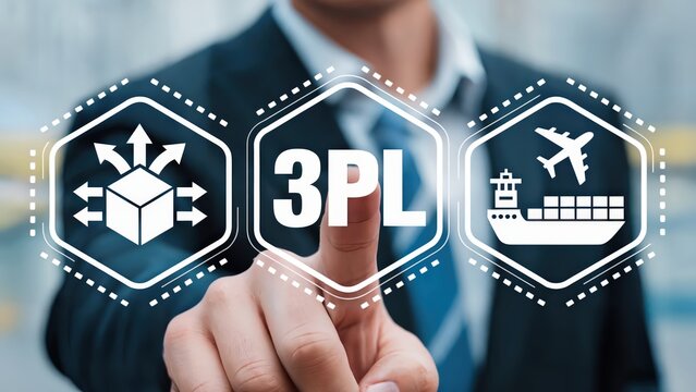 Businessman shows third party logistics options, supply chain