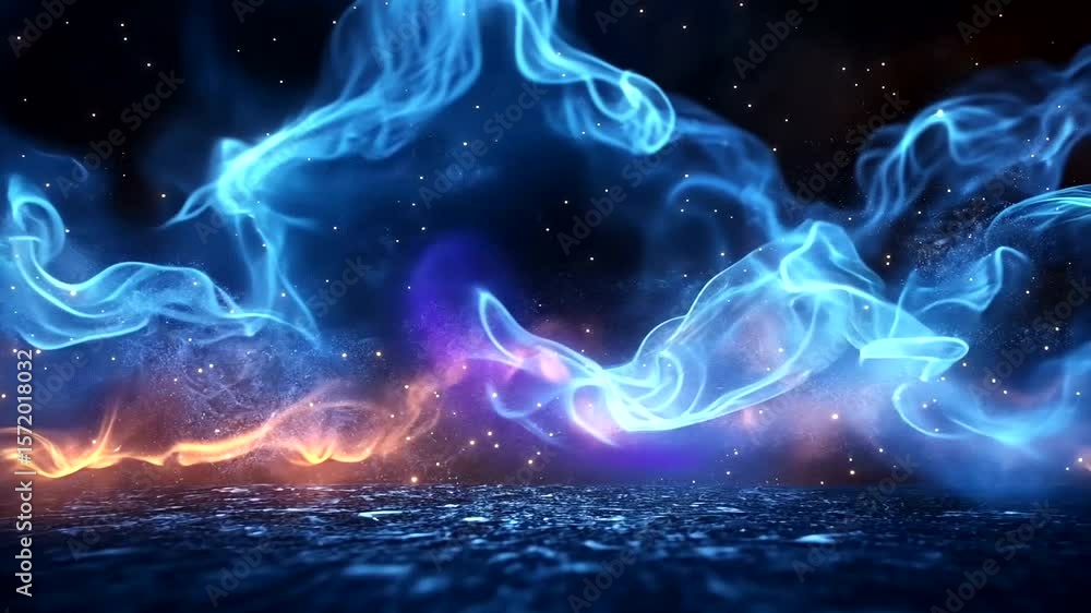 Aufkleber mystical blue fire animation on a dark background with floating particles visual effect