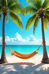 A vibrant summer scene featuring a sun-drenched hammock strung between two palm trees, gently swaying in a warm breeze Perfect for relaxation and vacation themes , idyllic, sea