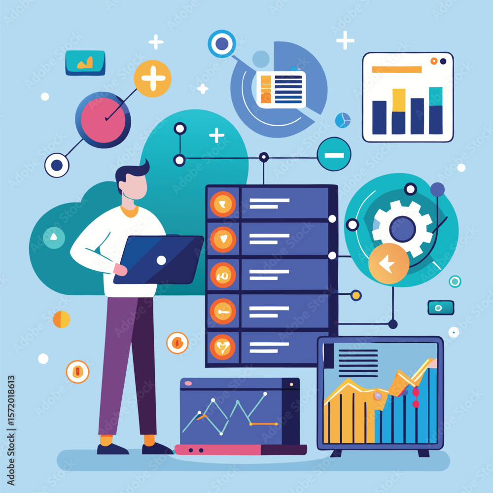 Poster data analysis and business intelligence concept depicted with charts and a person using laptop for i