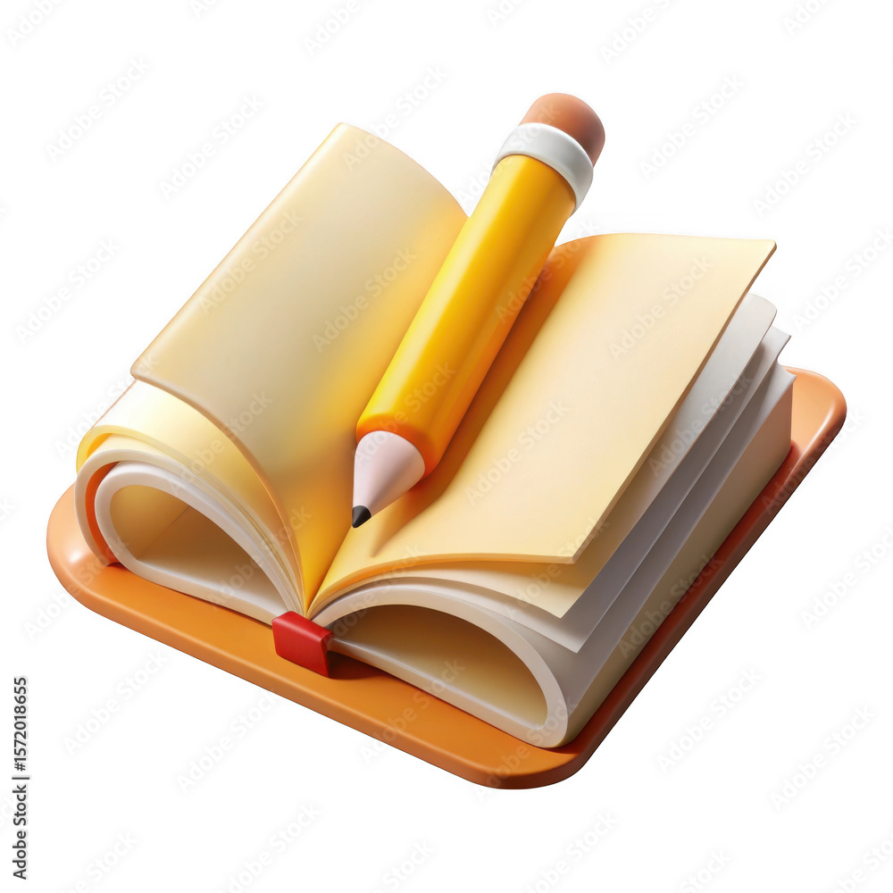 Poster 3d realistic open book with pencil isolated on transparent background