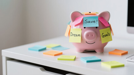 Piggy bank with goals on sticky notes, representing financial planning and saving