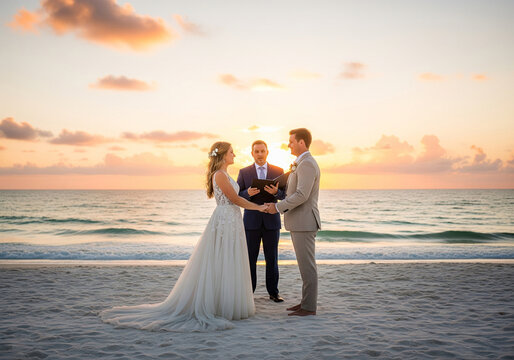 Romantic beach wedding ceremony at sunset, with the bride and groom holding hands as the officiant speaks against a backdrop of ocean waves and colorful sky