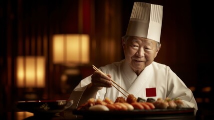 Smiling Senior Chef Tasting Sushi In Restaurant