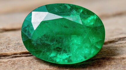 Vibrant Green Gemstone Close up On Wood