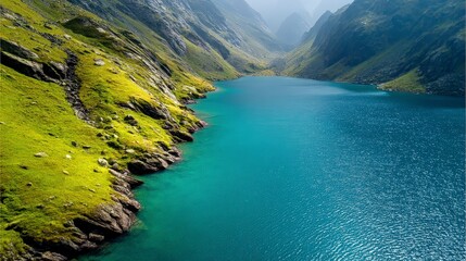 Aerial View Of Azure Lake In Mountain Valley