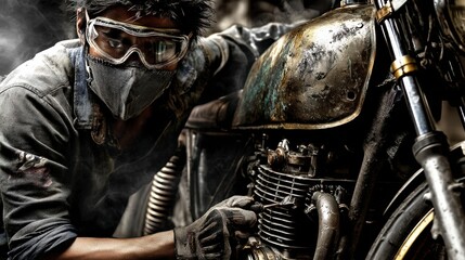 Mechanic Repairing Vintage Motorcycle Engine