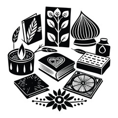 Black and white floral illustration with books candle ink pot and decorative elements