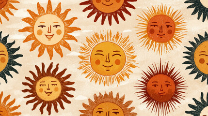 Happy Smiling Sun Faces Seamless Pattern - Warm and Cheerful Design