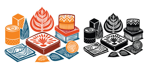 Colorful and monochrome illustrated vector graphic featuring botanicals and geometric shapes