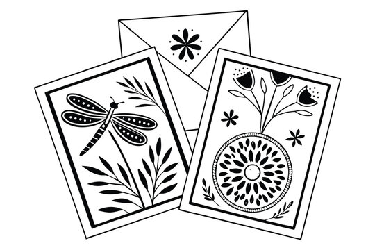 Black and white hand drawn botanical illustrations with dragonfly and floral elements.