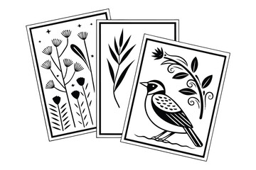 Hand drawn black and white art featuring botanical elements and a songbird motif