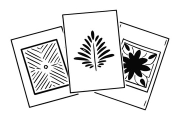Hand drawn botanical and geometric elements arranged on white paper cards in monochrome style