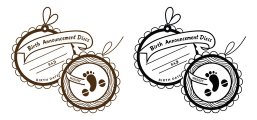 Two baby birth announcement discs featuring footprints and information details for design