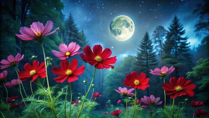 A cluster of lush red cosmos flowers sways gently in a midnight garden illuminated by the soft glow of full moonlight amidst towering trees and verdant foliage