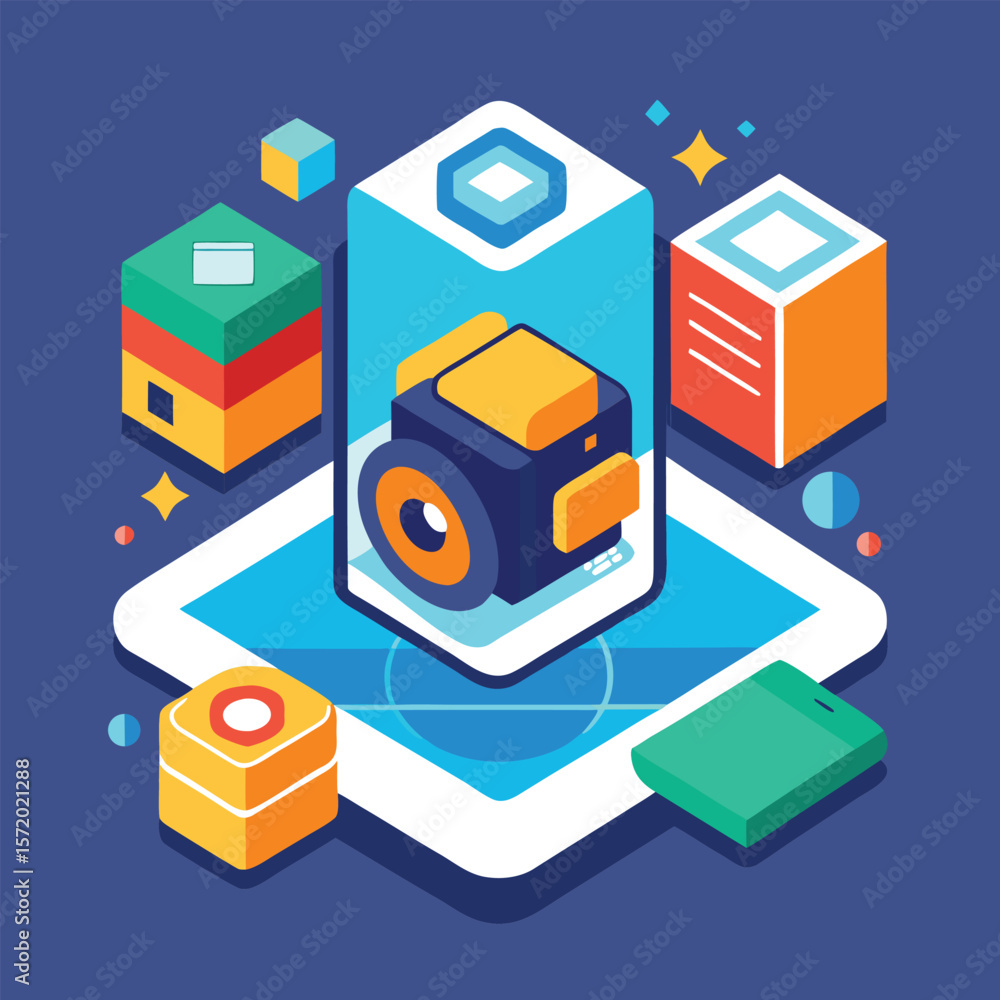 Poster colorful isometric illustration showcasing cloud computing data center technology with modern design