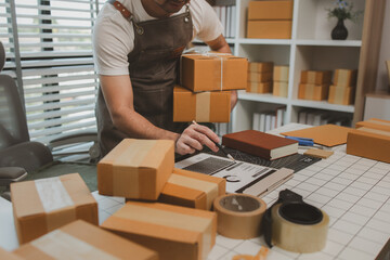 an entrepreneur has his own small online business, the business owner checks the package before...