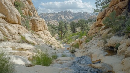 Obraz premium Canyon stream flowing through light beige rocks, lush vegetation, distant mountains
