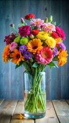 Vibrant arrangement of colorful blooms in a large glass vase