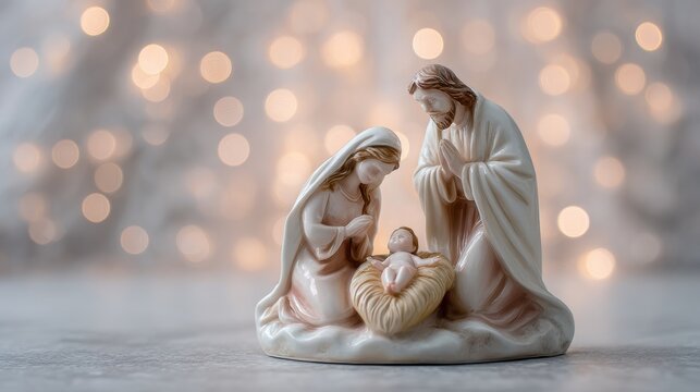 Ceramic nativity scene with Mary, Joseph, and baby Jesus, set against a soft bokeh background, symbolizing Christmas and religious tradition.