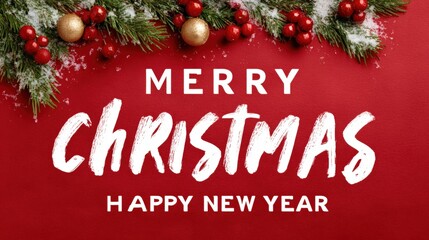 Festive Christmas and New Year greeting card with snow-dusted pine branches, red berries, and gold ornaments on a red background.