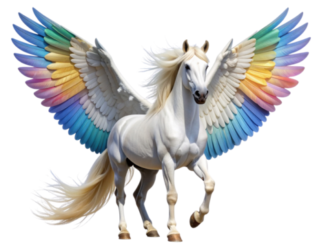 Majestic White Pegasus Horse with Spread Rainbow Wings, Transparent PNG