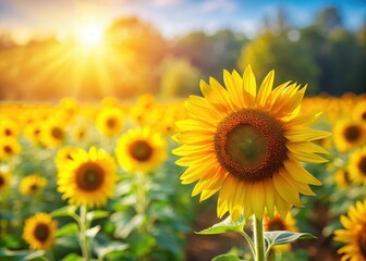 Obraz premium Sunflower field on a warm sunny day with blurred background
