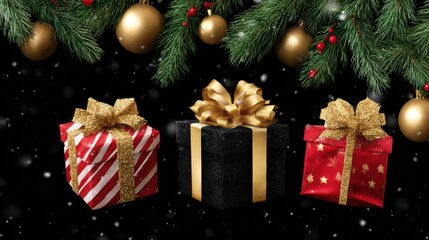 Three gift boxes wrapped in red paper with gold and red bows on a white background.