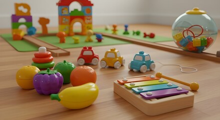 Obraz premium A 5D flat-lay image of educational plastic stacking rings on a neutral surface, each ring brightly colored