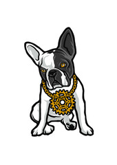 Cartoon French Bulldog with Gold Chain and Gear Pendant Illustration.