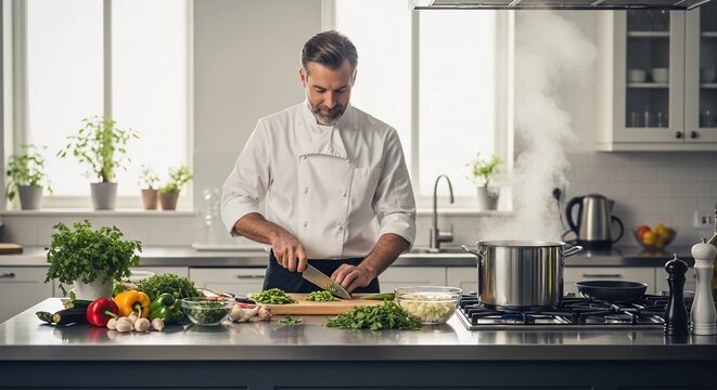 Professional Chef Cooking Delicious Meal in Modern Kitchen