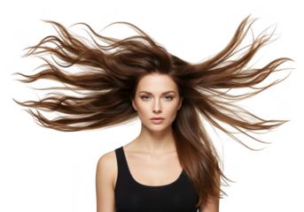 Beautiful woman with long flowing brown hair isolated on transparent background