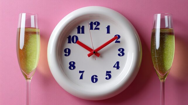 A white wall clock showing 11:10 is flanked by two champagne glasses on a pink background, suggesting a celebration or countdown theme.