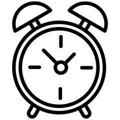 Black and white line drawing of a classic alarm clock with bells.