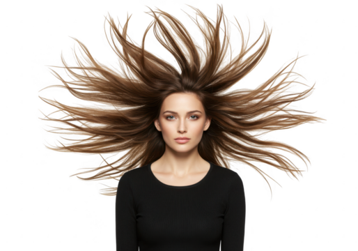 Beautiful woman with flowing hair isolated on transparent background