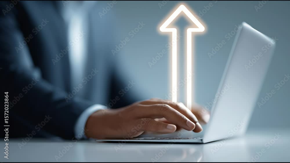 Poster a man is typing on a laptop with an upward arrow on the screen