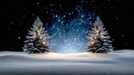 Two illuminated Christmas trees stand in a snowy landscape under a starry night sky, creating a serene and festive winter scene.