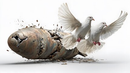 Two doves emerge peacefully from a shattered bomb, symbolizing the end of violence and the dawn of peace