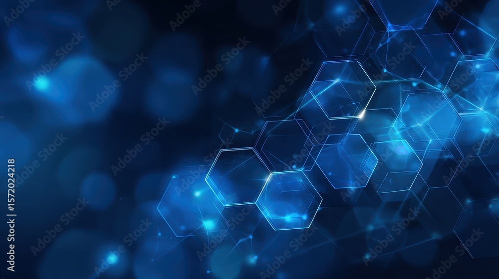 Poster futuristic abstract blue background with overlapping transparent hexagons and glowing lines, tech ne