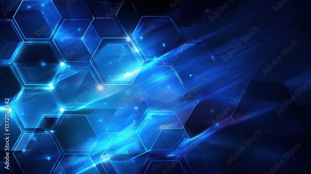 Poster futuristic abstract blue background with overlapping transparent hexagons and glowing lines, tech ne